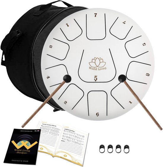 World Living Handpan - 30 cm ø - Wit - Steel Tongue Drum - Hand Klankschaal incl. Lesboek & Beschermtas - Hangdrum