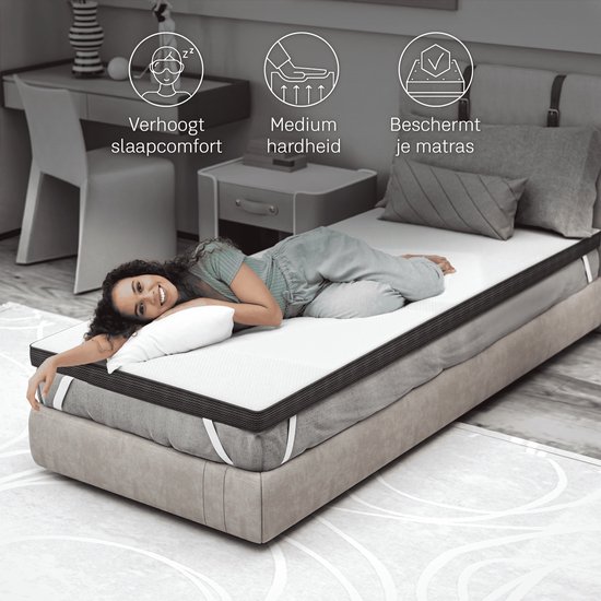 Une femme souriante sur un matelas de fermeté moyenne. Augmente le confort de sommeil et protège votre matelas.