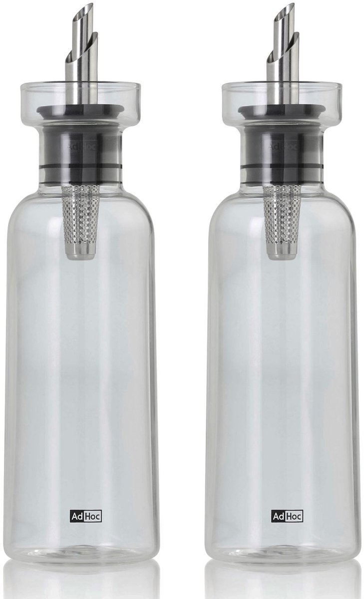 AdHoc AromaPour Olie- en Azijnset met Schenktuit – 2x 300 ml – Grijs Glazen Oliedispensers met RVS Dop – Lekvrij & Precies Schenken – Design Keukenaccessoires