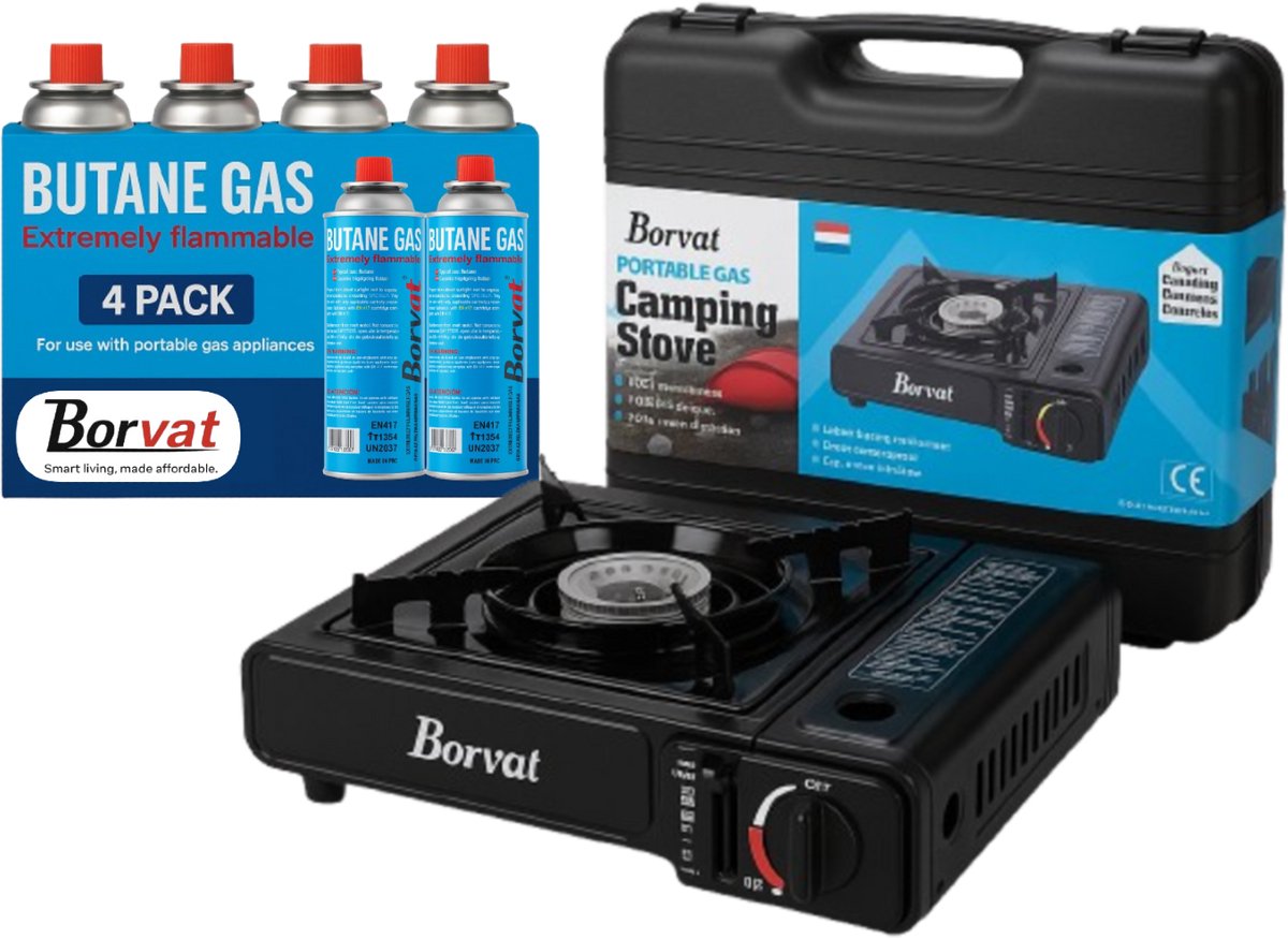 Borvat® | Draagbare Gasfornuis | Camping Kookstel | Inclusief 4 Gasflessen | Gas Stove | Gasfornuis | Kooktoestel | Outdoor