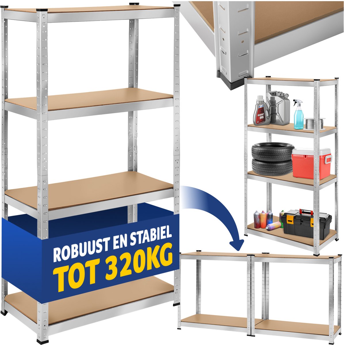 tectake® - Werkplaatsrek met 4 MDF-planken of werkbank - Opbergkast - Kelderkast - Stellingkast - Garagekast voor zware lasten - div uitvoeringen - 320kg