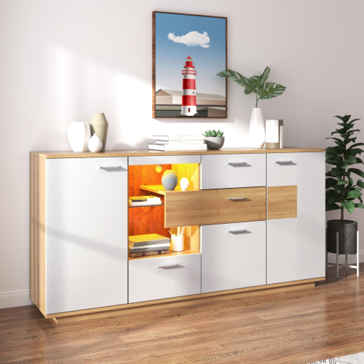 Modern Sideboard 160x40x77cm – Witte Kast met LED Verlichting, 2 Deuren, 4 Laden en Glazen Plank