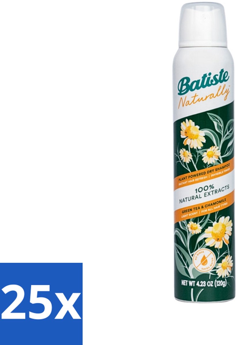 25 x Batiste - Naturally Green Tea & Chamomile - Droogshampoo - 100% Natuurlijke Extracten - Verfrist en Zuivert - 200ml - Natuurlijke Haarverzorging - Droogshampoo - Groene Thee - Kamille - Haartype