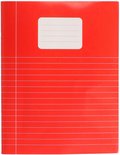 Rood schrift met een wit label en horizontale lijnen.