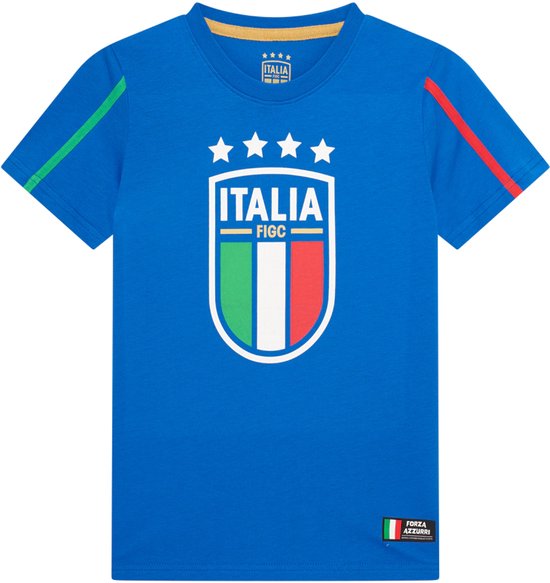 Blauw T-shirt met Italië wapen, vier sterren en groen-wit-rode strepen op de mouwen.