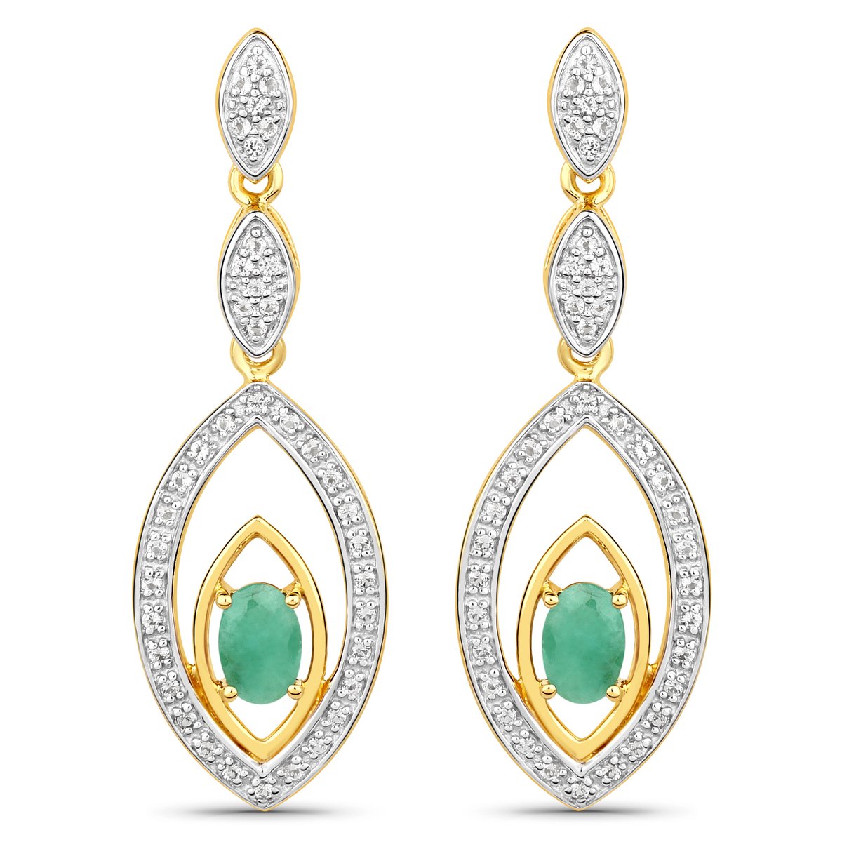 Vira Jewels Ohrringe Silber 925 zweifarbig 40mm lang mit 2x Smaragd und 80x Weiß-Topas
