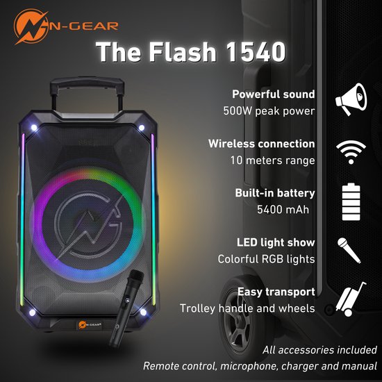 N-GEAR THE FLASH 1540 - Karaoke Speaker - 15" Woofer - Bluetooth - LED Lichtshow - Incl. Draadloze Microfoons — afbeelding 3