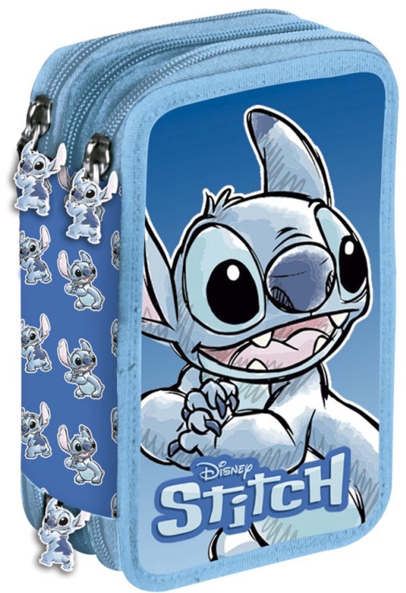 Disney Stitch triple etui – 3 vakken – 13,5 × 20 × 6,5 cm – school etui - Blauw