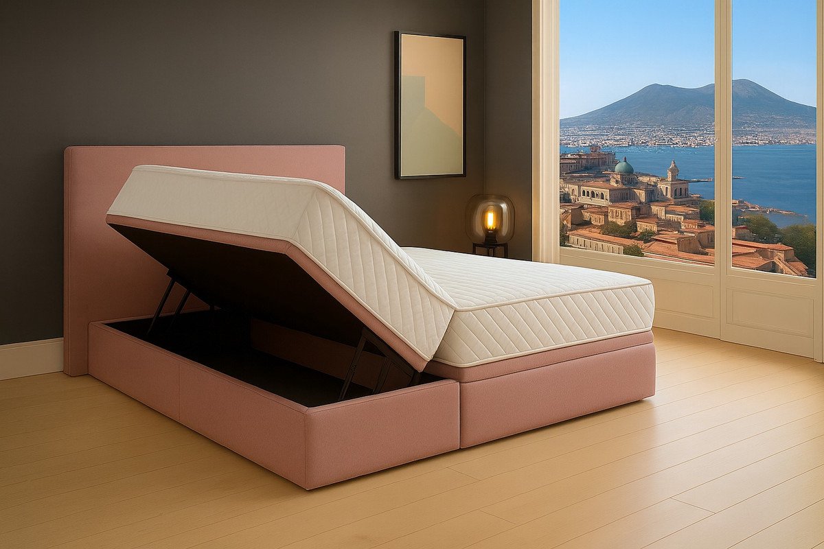 Boxspring FD Boxspring Bed met Opbergruimte Napoli Oud Roze Luxe Pocketvering Matras Stof Gratis 2x Hoofdkussens