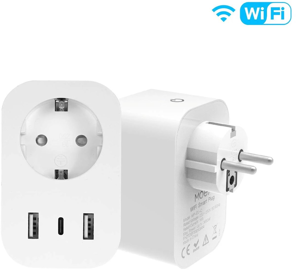 Moes Smartplug met USB-C | Wifi | 3680W | 2x usb type A | Werkt met Tuya Smart en SmartLife | energiemonitor | 16A | fastcharging | slimme stekker usb c