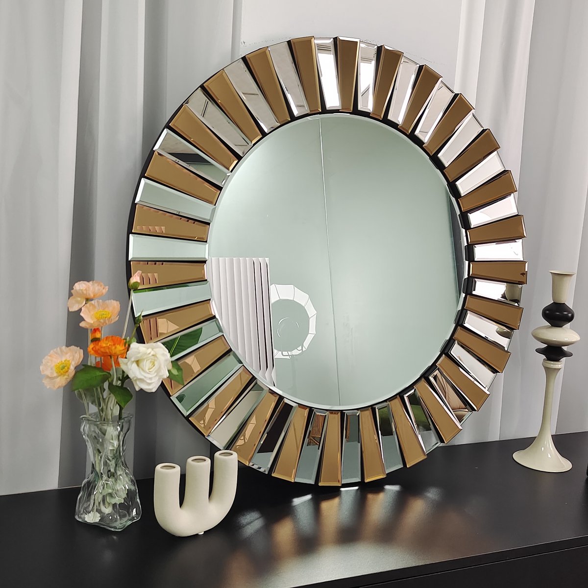 Artloge Wandspiegel - Ronde Zonnestraal Spiegel Design - 60cm Groot - Zilver & bruin