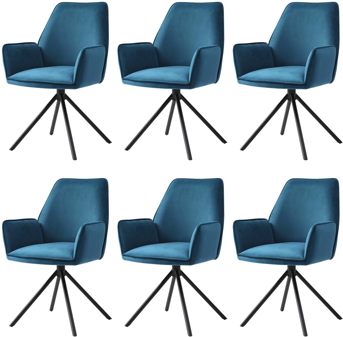 MCW Set van 6 eetkamerstoelen MCW-G67, keukenstoel met armleuningen, draaibaar met automatische terugkeer, fluweel MVG ~ turkooisblauw, poten zwart