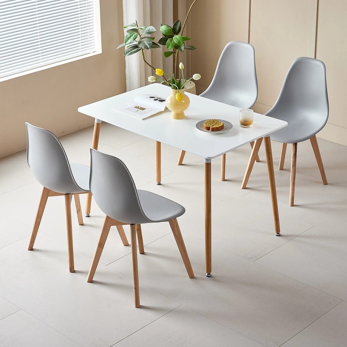 Rechthoekige Eettafelset – Inclusief 4 Eetkamerstoelen – Scandinavische Stijl – Houten Poten – Tafel en Stoelen Voor Woonkamer, Eetkamer & Keuken – Grijs