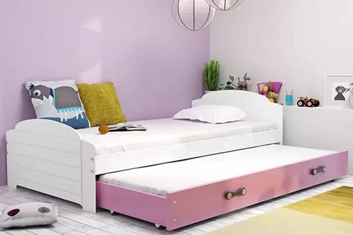 BMS - Pull-Out Youth Bed - 90x200 cm - Wit/Pink - Met Lade