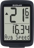 Zwarte Sigma fietscomputer toont '21.6 KMH' en '16.34 Avg Speed'.