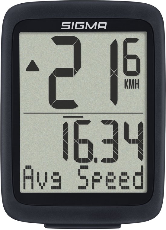 Zwarte Sigma fietscomputer toont '21.6 KMH' en '16.34 Avg Speed'.