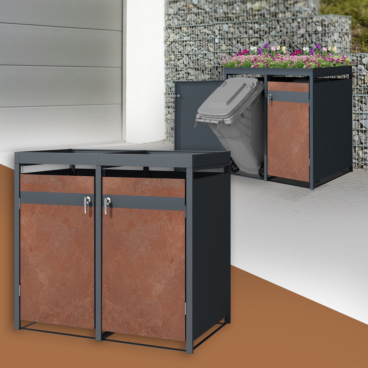 Kliko ombouw, Container ombouw met plantendak 2er tot 240L 132x80x124 cm gemaakt van staal in roest-look ML-design