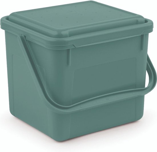 Groene GFT-bak met geperforeerd deksel, handvat en een verhoogde basis.