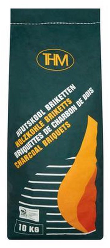 Zak met Houtskool Briketten 10kg met een oranje en rode vlamafbeelding.