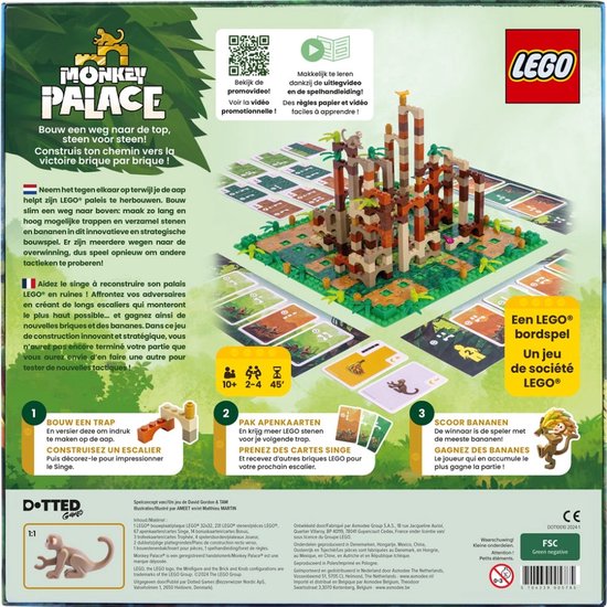 De achterkant van de LEGO Monkey Palace bordspel doos met een bruine, oranje en beige toren, apen en speelinstructies.