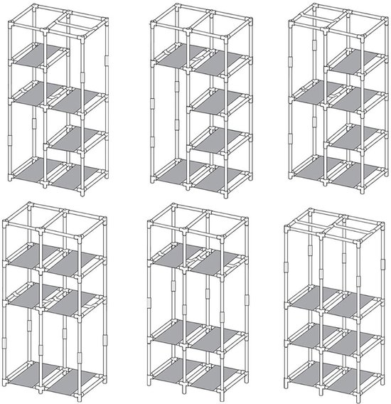 Schematische tekeningen van verschillende configuraties voor de stoffen kledingkast.
