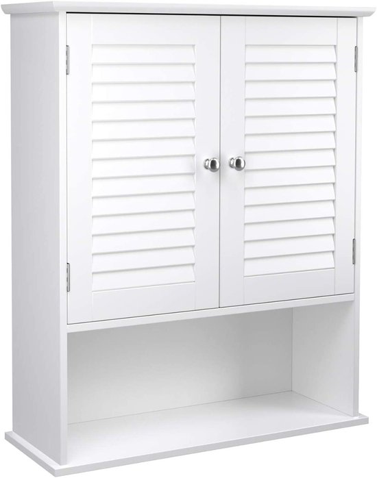 Witte badkamerkast met twee louvredeuren en een open plank.