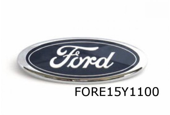 Ford logo embleem, ovaal met blauwe achtergrond en witte Ford-letters, zilveren rand.