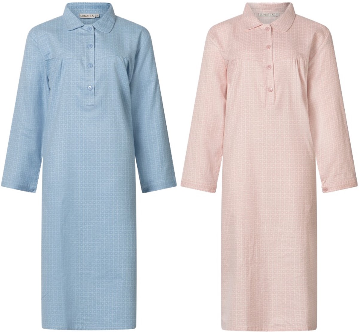 Lunatex 2 klassieke dames nachthemden 643778 met knoopsluiting - warm flanel - blauw en roze