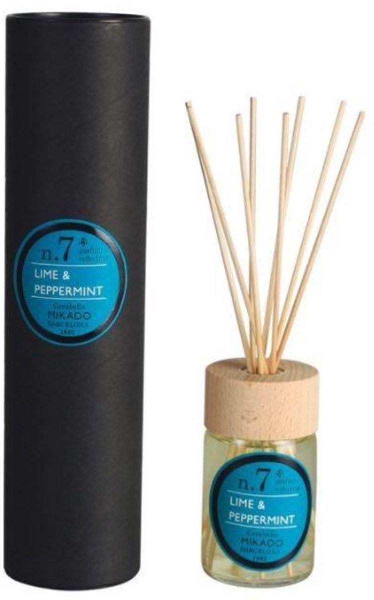 Cerabella Geurstokjes Diffuser N.7 – Limoen & Pepermunt – 100 ml – Luxe huisparfum met 8 stokjes en houten deksel