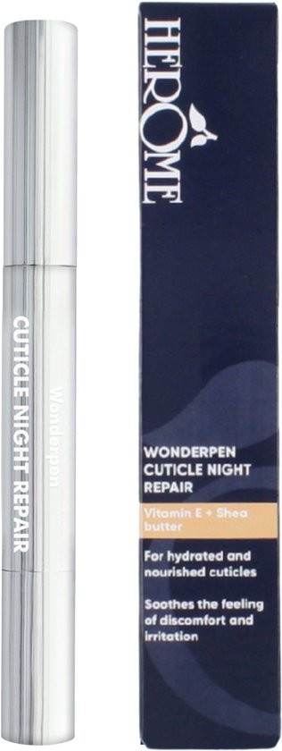 Stylo argenté avec le texte 'CUTICLE NIGHT REPAIR Wonderpen' à côté d'un emballage bleu foncé.