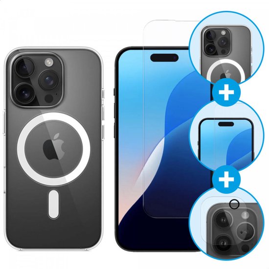 Hoesje + Camera & Screenprotector Geschikt voor iPhone 16 Pro - Back Cover Compatibel met MagSafe - Case Schokbestendig Doorzichtig + 9H Tempered Glass & Camera Lens Protector - 360° Bescherming