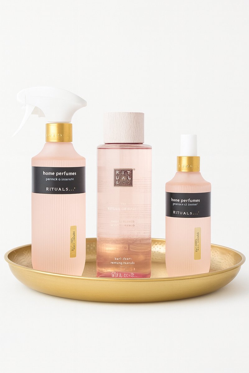 Rituals of Sakura - Geschenkset - Home Perfume 400 ml - Home Perfume 200 ml - Bath Foam 500 ml - Rituals Product - Luxe Gouden Rond Decoratieve Dienblad