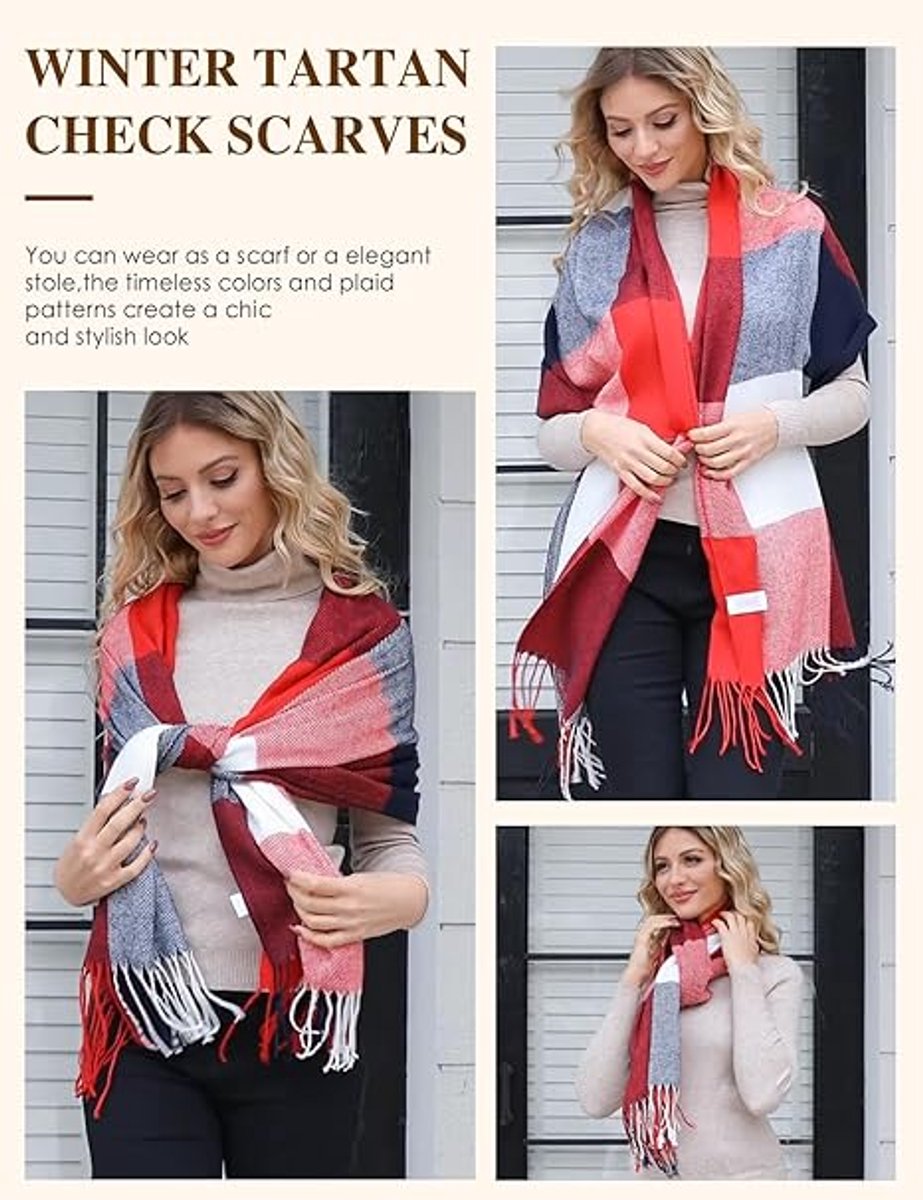 Dames geruit oversized kasjmier sjaal lange zachte wraps dames geruit oversized sjaal lange sjaal voor herfst en winter , rood en blauw