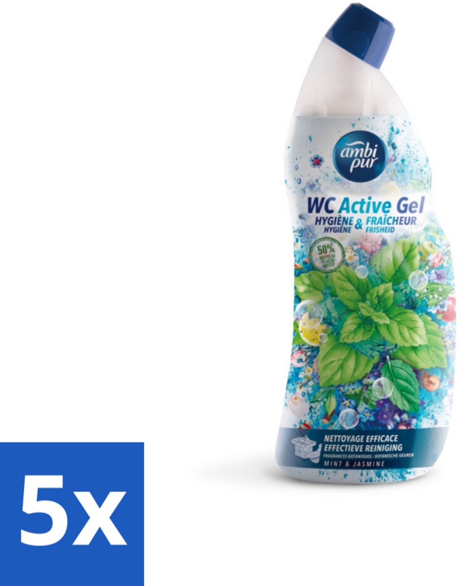 5 x Ambi Pur - Toiletreiniger - WC Active Gel - Mint & Jasmijn - 750 ml - Voordeelverpakking - 5 stuks