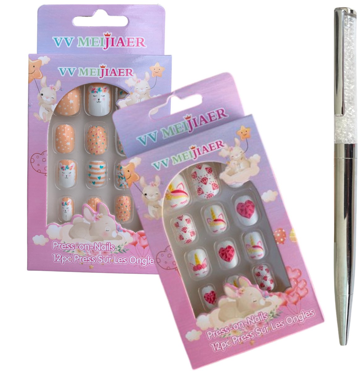 Kinder Plaknagels - Valse Nagels - 2 x 12 Stuks - Met Gratis Diamant Pen! - Geen Lijm Nodig |