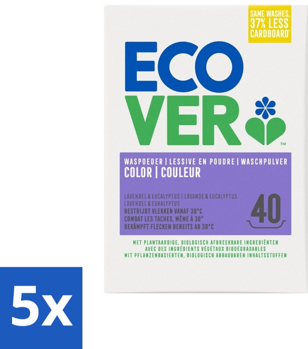 5 x Ecover - Waspoeder Color - Voor gekleurde was - 3 kg - 40 wasbeurten - Gekleurde Was - Waspoeder - Kleuren Behouden - Vlekken Verwijderen - Duurzaam Wasmiddel
