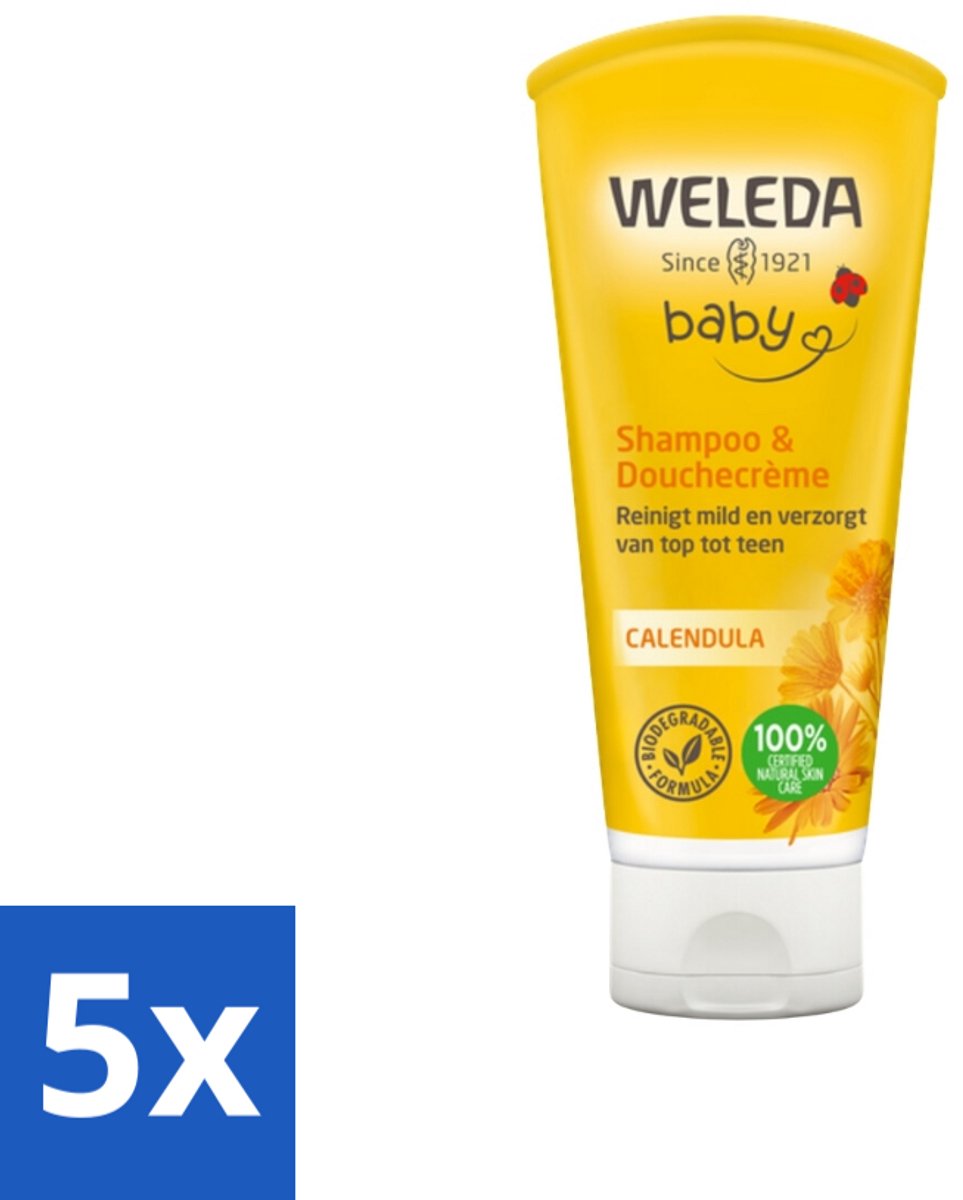 Image of 5 x WELEDA - 2-in-1 Shampoo & Douchecrème - Baby & Kind - Calendula - Voor gevoelige huid - 200 ml - Natuurlijke Babyverzorging - Babyhuid - Babyproducten - Weleda Baby