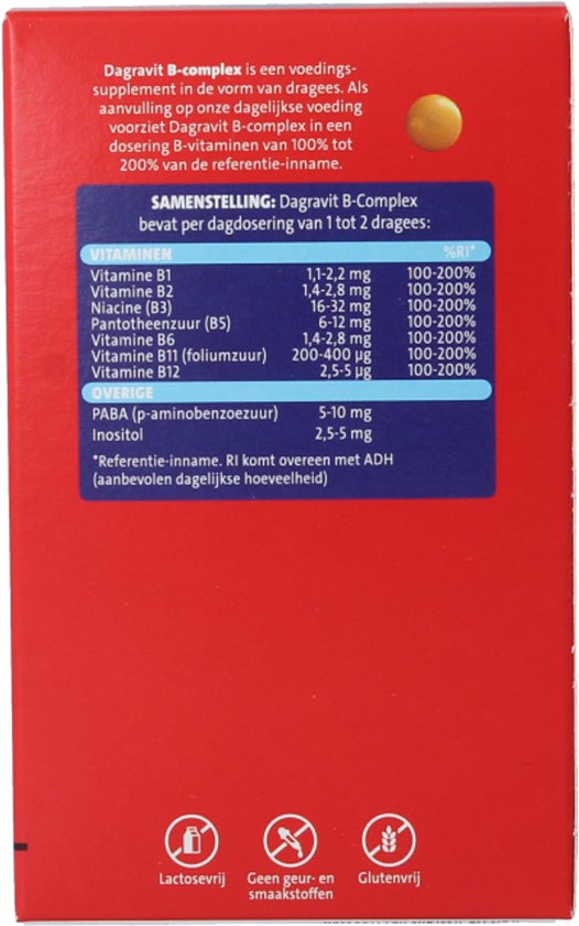 Zijkant van de verpakking met informatie over Dagravit B-complex, ingrediënten, dosering en kenmerken zoals lactosevrij, glutenvrij.