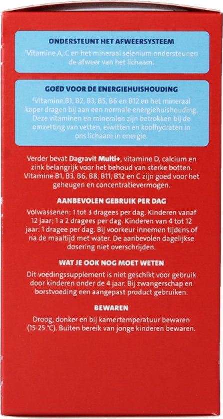 Verpakkingstekst Dagravit Multi+: ondersteunt afweersysteem, energievehuishouding, sterke botten. Aanbevolen gebruik: 1-3 dragees per dag. Bewaren 15-25 graden.