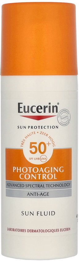 Eucerin Sun Protection zonnefluïde met SPF 50+. Oranje dop, witte fles met oranje band.