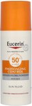 Eucerin Sun Protection zonnefluïde met SPF 50+. Oranje dop, witte fles met oranje band.