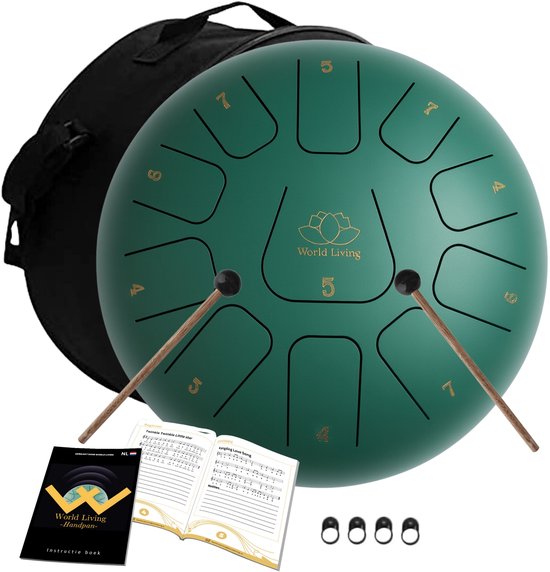 World Living Handpan - 30 cm ø - Donker Groen - Steel Tongue Drum - Hand Klankschaal incl. Lesboek & Beschermtas - Hangdrum