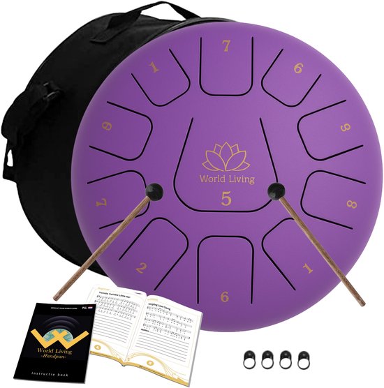 World Living Handpan - 30 cm ø - Paars - Steel Tongue Drum - Hand Klankschaal incl. Lesboek & Beschermtas - Hangdrum
