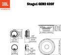 Technische tekening van JBL Stage1 GEN2 62CF autospeaker met afmetingen.