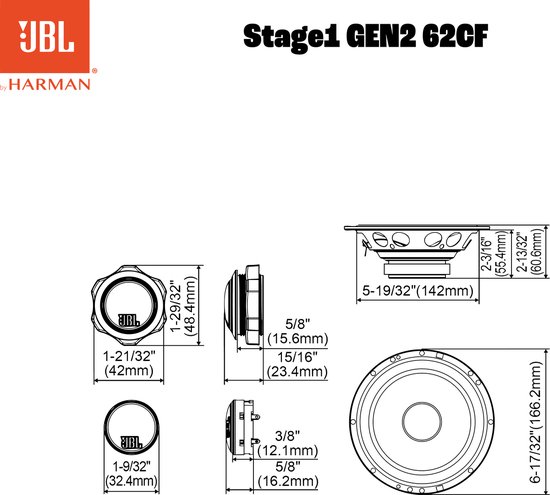 Technische tekening van JBL Stage1 GEN2 62CF autospeaker met afmetingen.