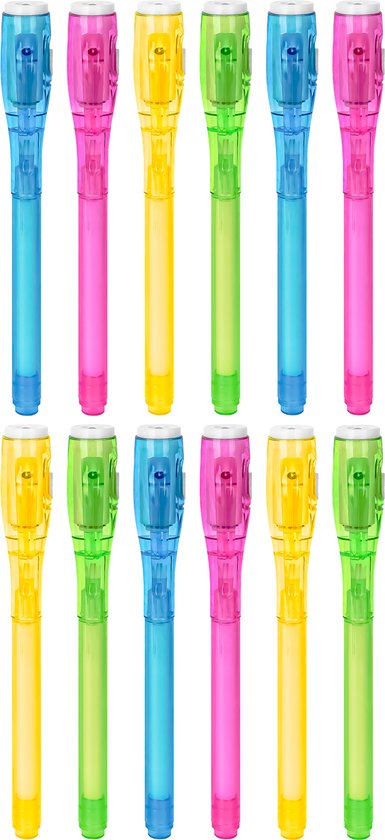 Onzichtbare inkt pen met UV lampje, blacklight UV pen voor geheimschrift of bijvoorbeeld dagboek - Set van 12 pennen met UV LED