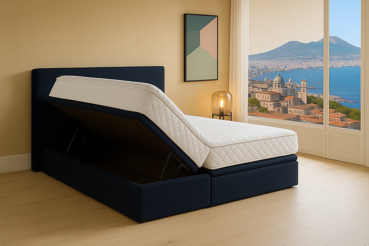 Boxspring FD Boxspring Bed met Opbergruimte Napoli 90x200 cm donkerblauw Luxe Pocketvering Matras Stof