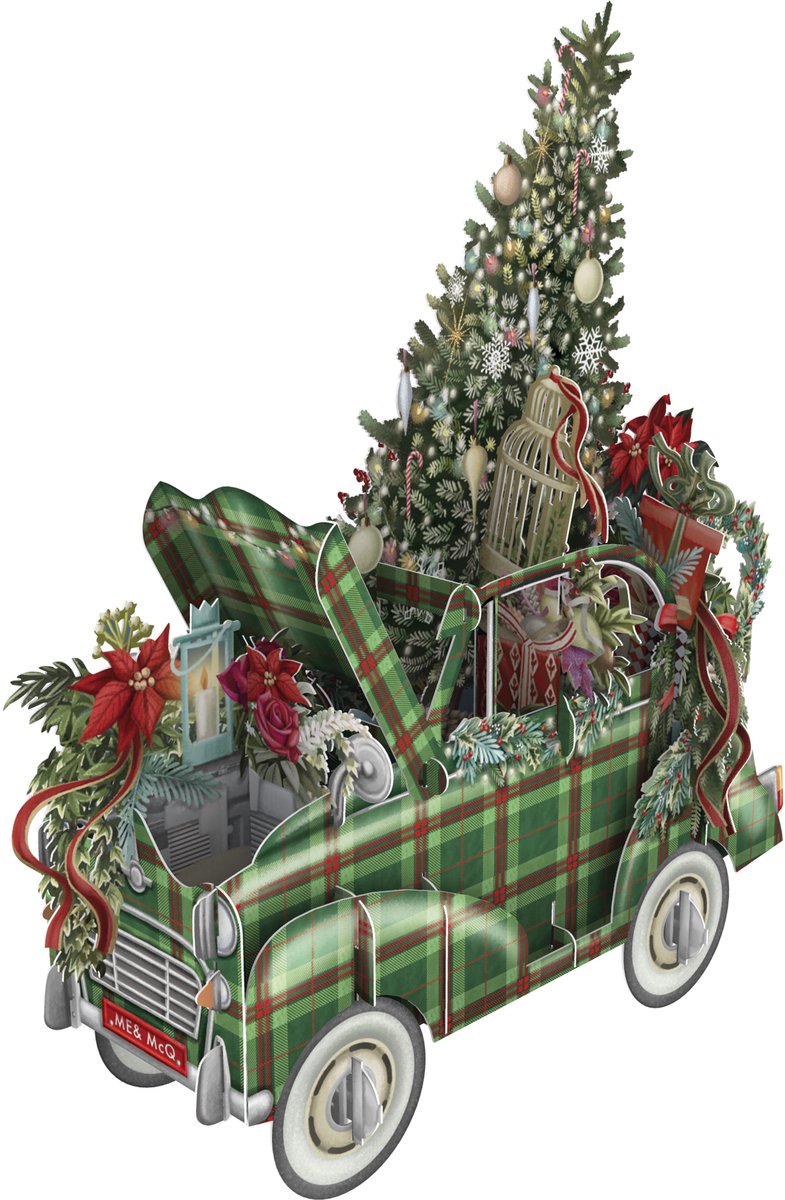 3D-Pop Up Wenskaart Tartan Christmas Car - Laser gesneden kerstkaart