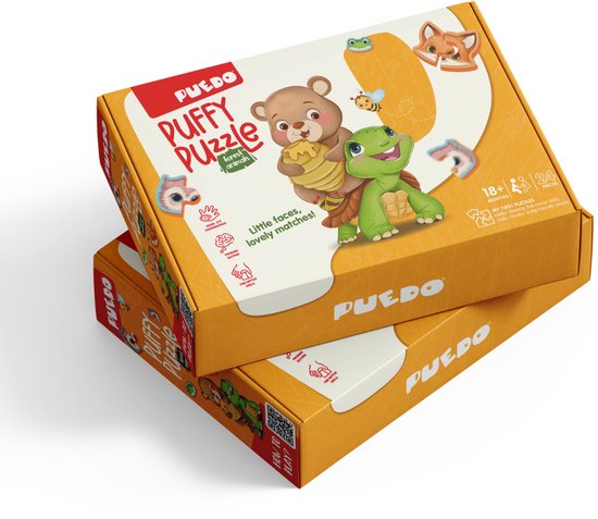 Oranje doos met Puffy Puzzle 'Bosdieren' erop. De doos toont een beer, schildpad, kikker, vos en bij.