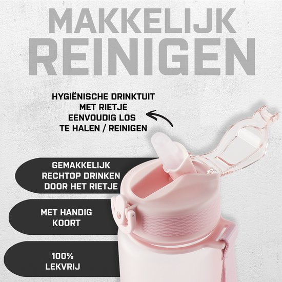 Close-up van de pastelroze drinkfles met rietje. "Makkelijk reinigen, hygiënische drinktuit met rietje, eenvoudig los te halen, gemakkelijk rechtop drinken door het rietje, met handig koort, 100% lekvrij."